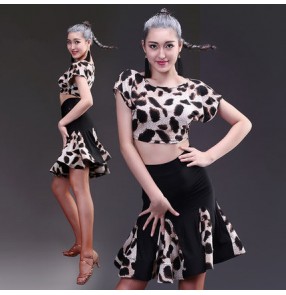 Leopard black printed patchwork short sleeves women's ladies female performance competition professional latin salsa cha cha dance dresses sets
